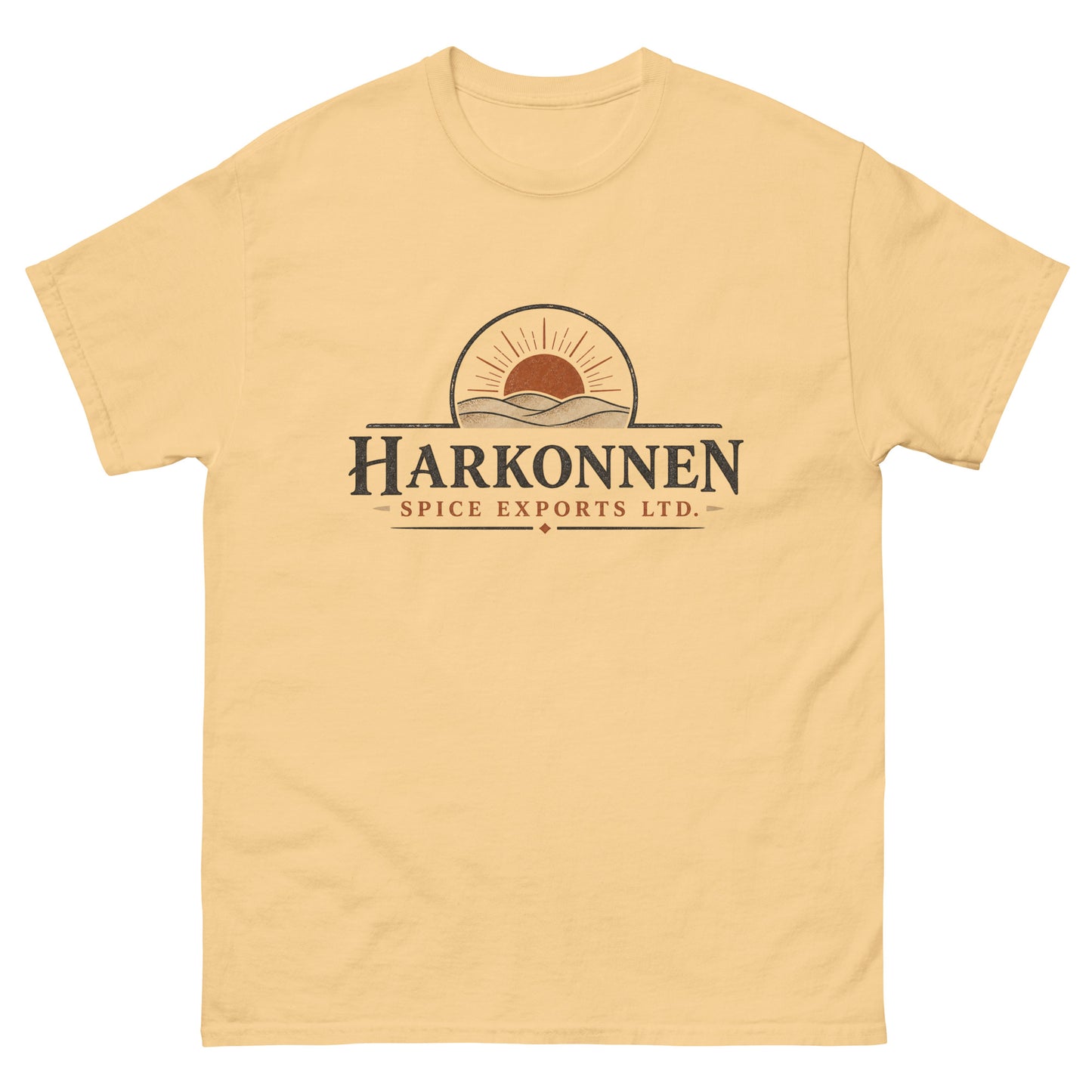 Unisex tee with a vintage engraved logo of a sun rising over desert dunes above serif lettering for a fictional spice export company
