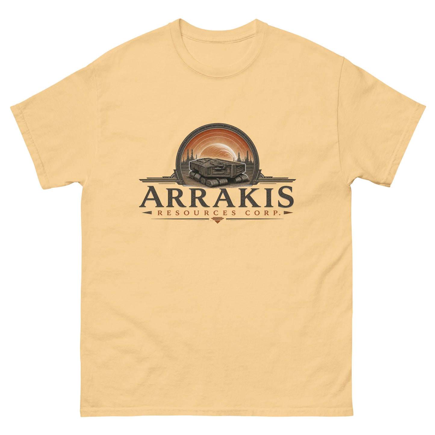 Unisex tee with an engraved industrial logo of a tracked mining crawler in front of a planet and refinery towers above serif lettering reading Arrakis Resources Corp