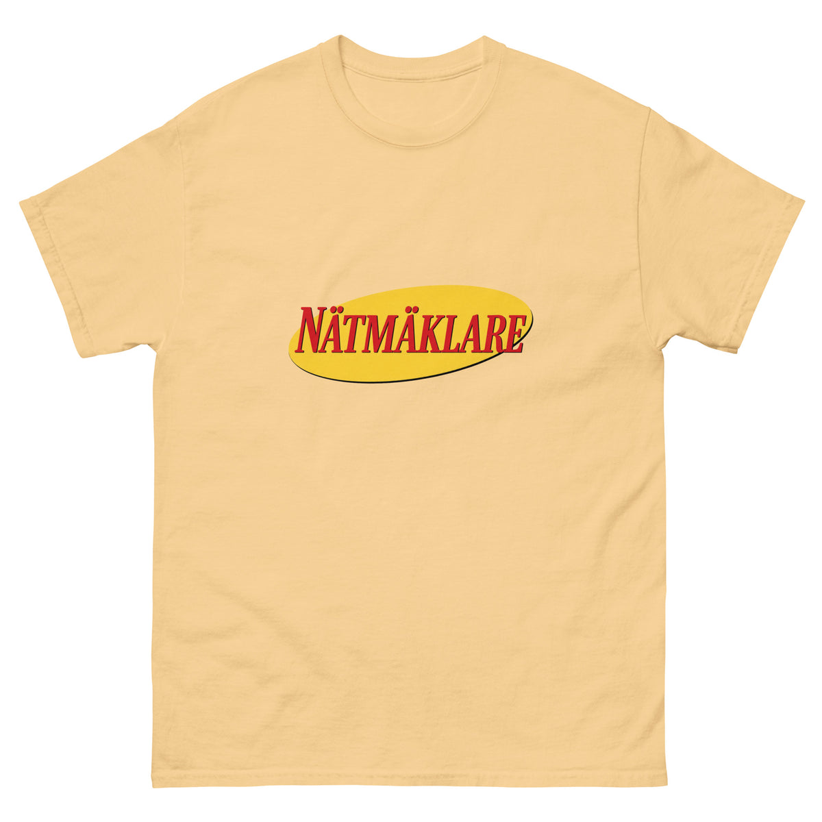T-shirt med Nätmäklare-logga i röd retrotext på gul oval
