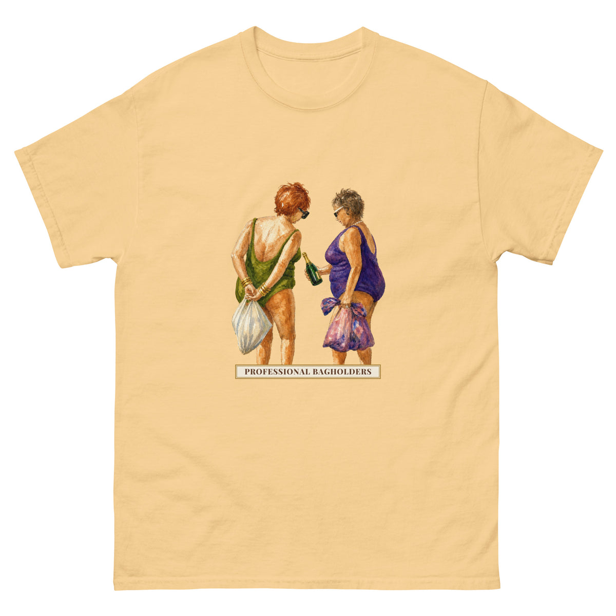 Professional Bagholders t-shirt with a watercolour of two older women in swimsuits holding plastic bags and a champagne bottle above a vintage title sign