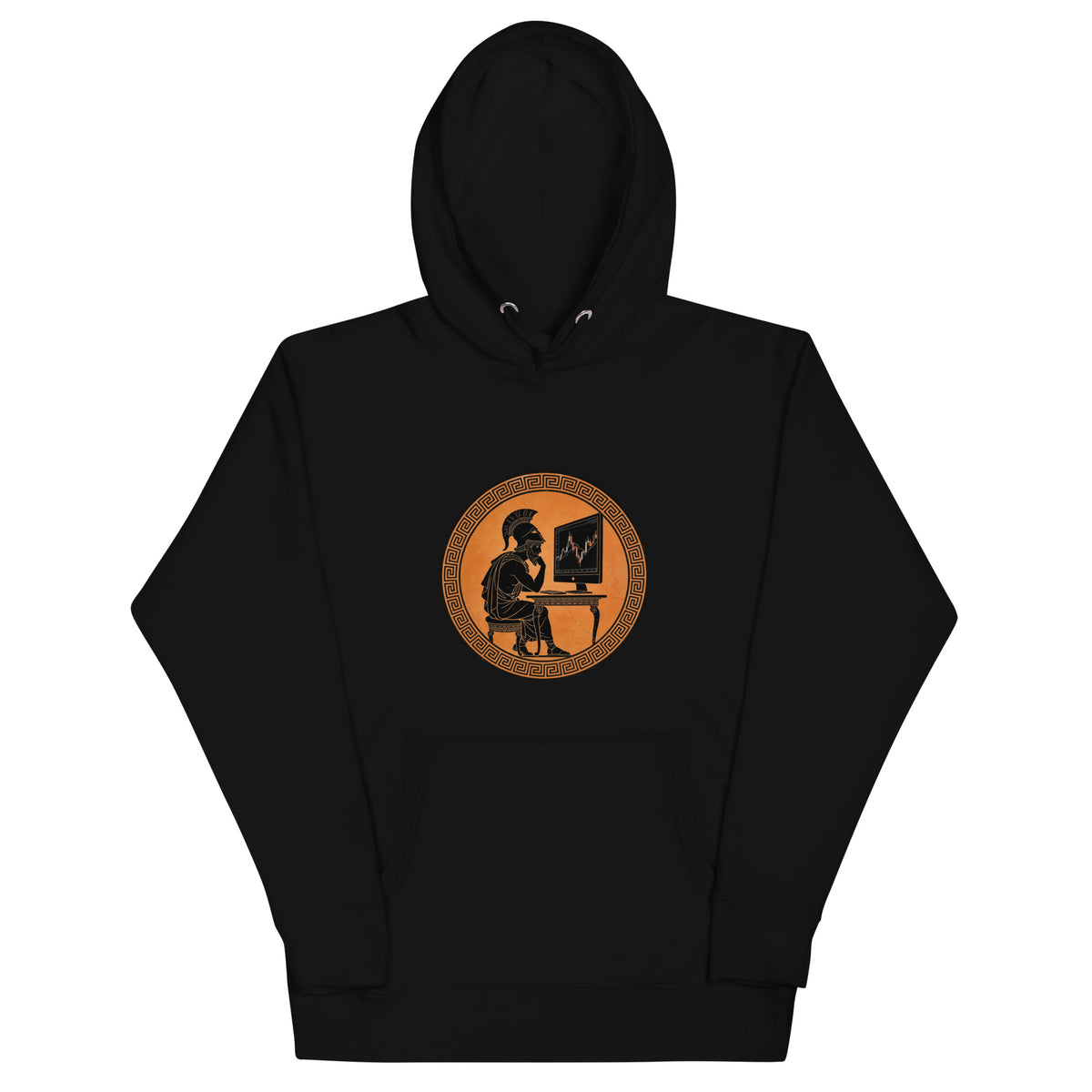 "The Ancient Investor" Greek-pottery-style trader studying a stock chart, pullover hoodie
