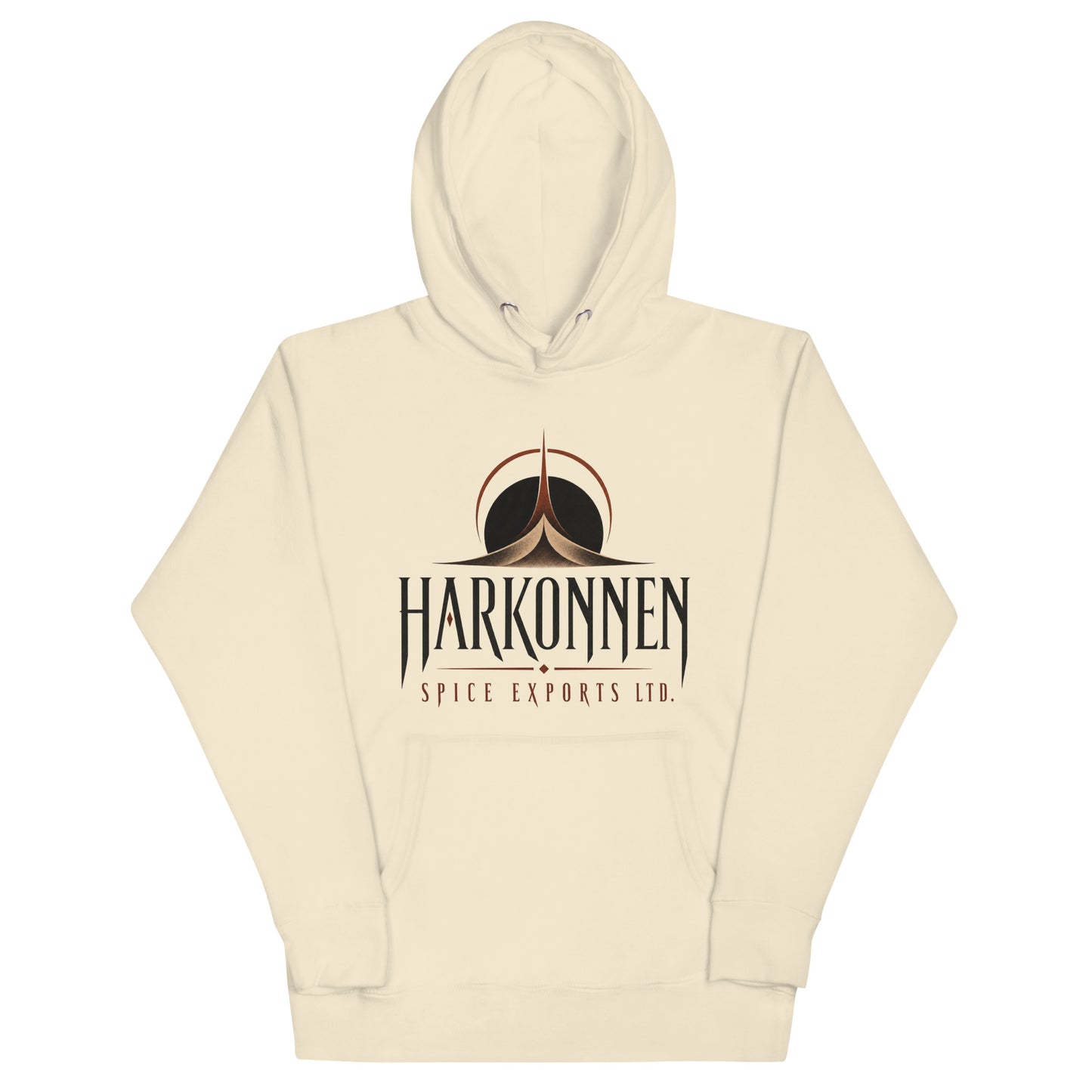 Unisex hoodie with a dark logo of an eclipsed sun above a spired dune formation and sharp serif lettering for a fictional spice export company