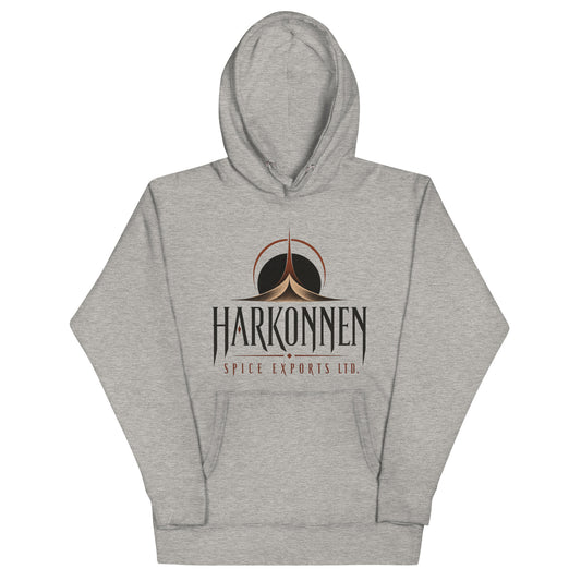 Unisex hoodie with a dark logo of an eclipsed sun above a spired dune formation and sharp serif lettering for a fictional spice export company
