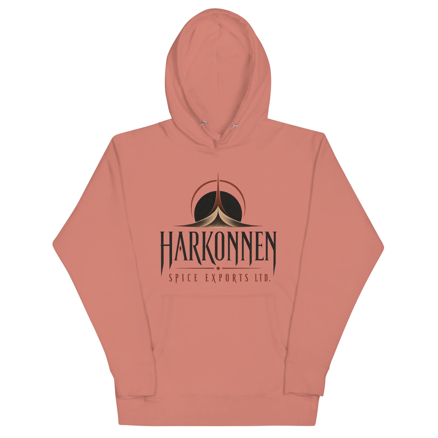 Unisex hoodie with a dark logo of an eclipsed sun above a spired dune formation and sharp serif lettering for a fictional spice export company