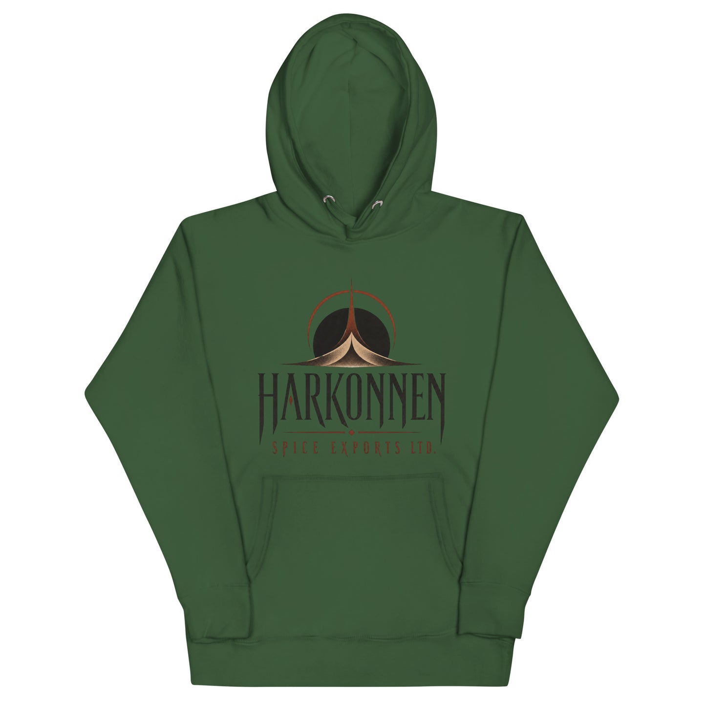 Unisex hoodie with a dark logo of an eclipsed sun above a spired dune formation and sharp serif lettering for a fictional spice export company