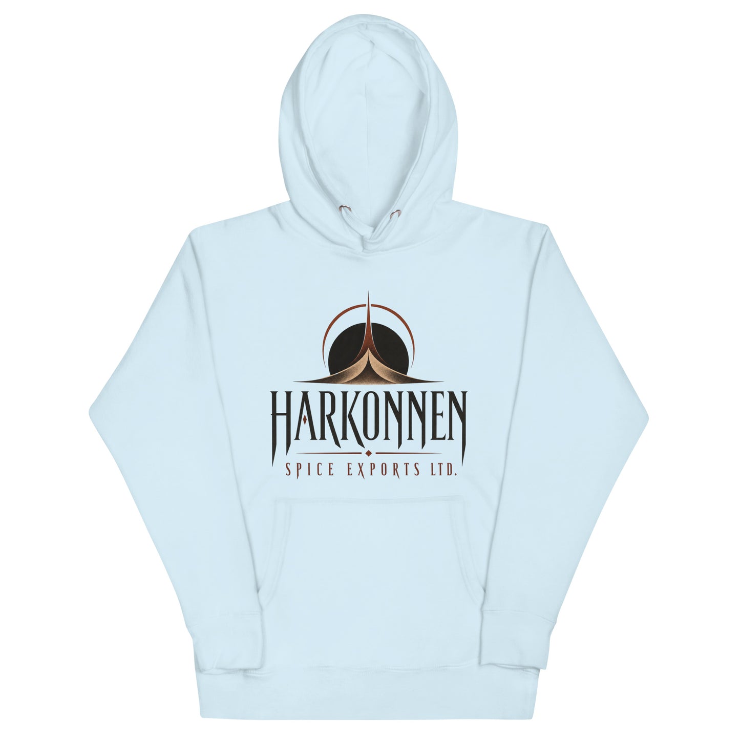 Unisex hoodie with a dark logo of an eclipsed sun above a spired dune formation and sharp serif lettering for a fictional spice export company
