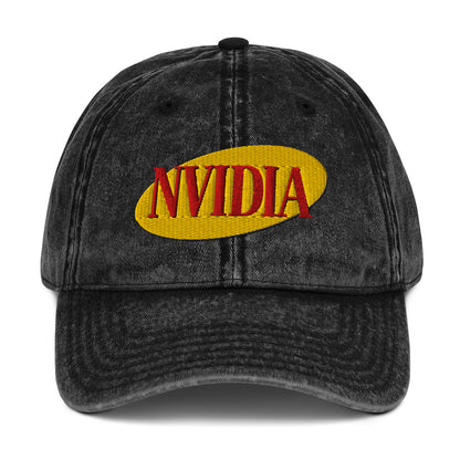 Embroidered "Nvidia" in Seinfeld-style lettering on a vintage washed cotton twill cap