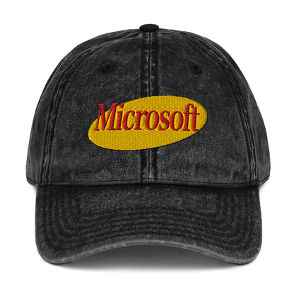 Embroidered "Microsoft" in Seinfeld-style lettering on a vintage washed cotton twill cap