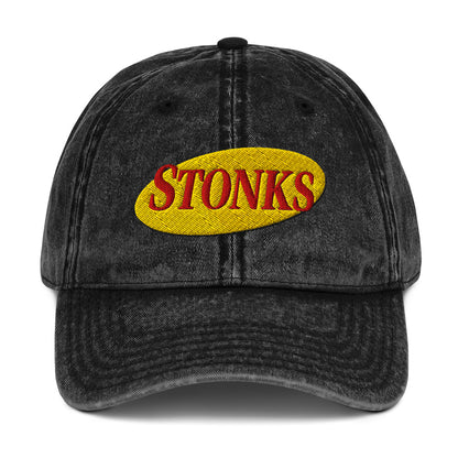 Embroidered "STONKS" in Seinfeld-style lettering on a vintage washed cotton twill cap