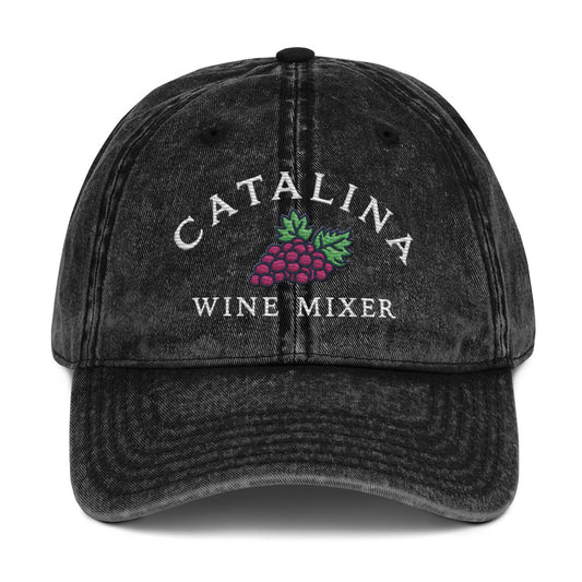 "Catalina Wine Mixer" embroidered-style grape crest on a vintage cotton twill cap