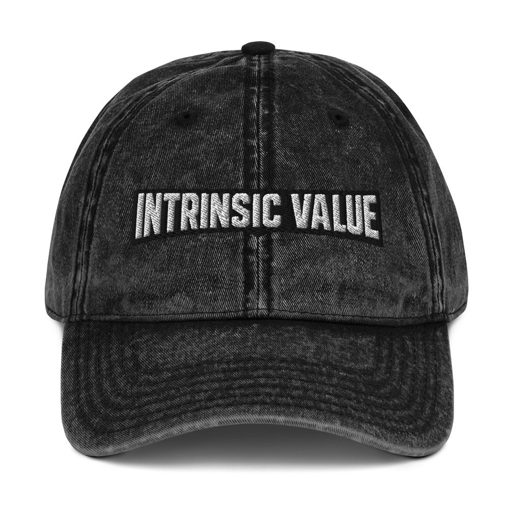 Vintage cotton twill cap with an arched varsity-style Intrinsic Value wordmark