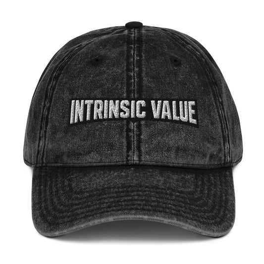 Vintage cotton twill cap with an arched varsity-style Intrinsic Value wordmark