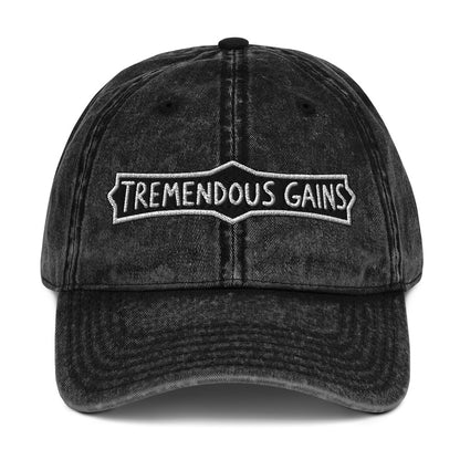 Vintage cotton twill cap with a hand-lettered Tremendous Gains sign design