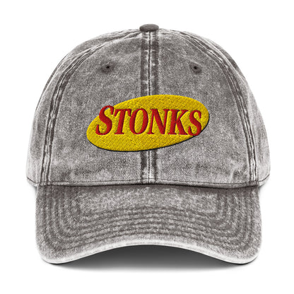 Embroidered "STONKS" in Seinfeld-style lettering on a vintage washed cotton twill cap