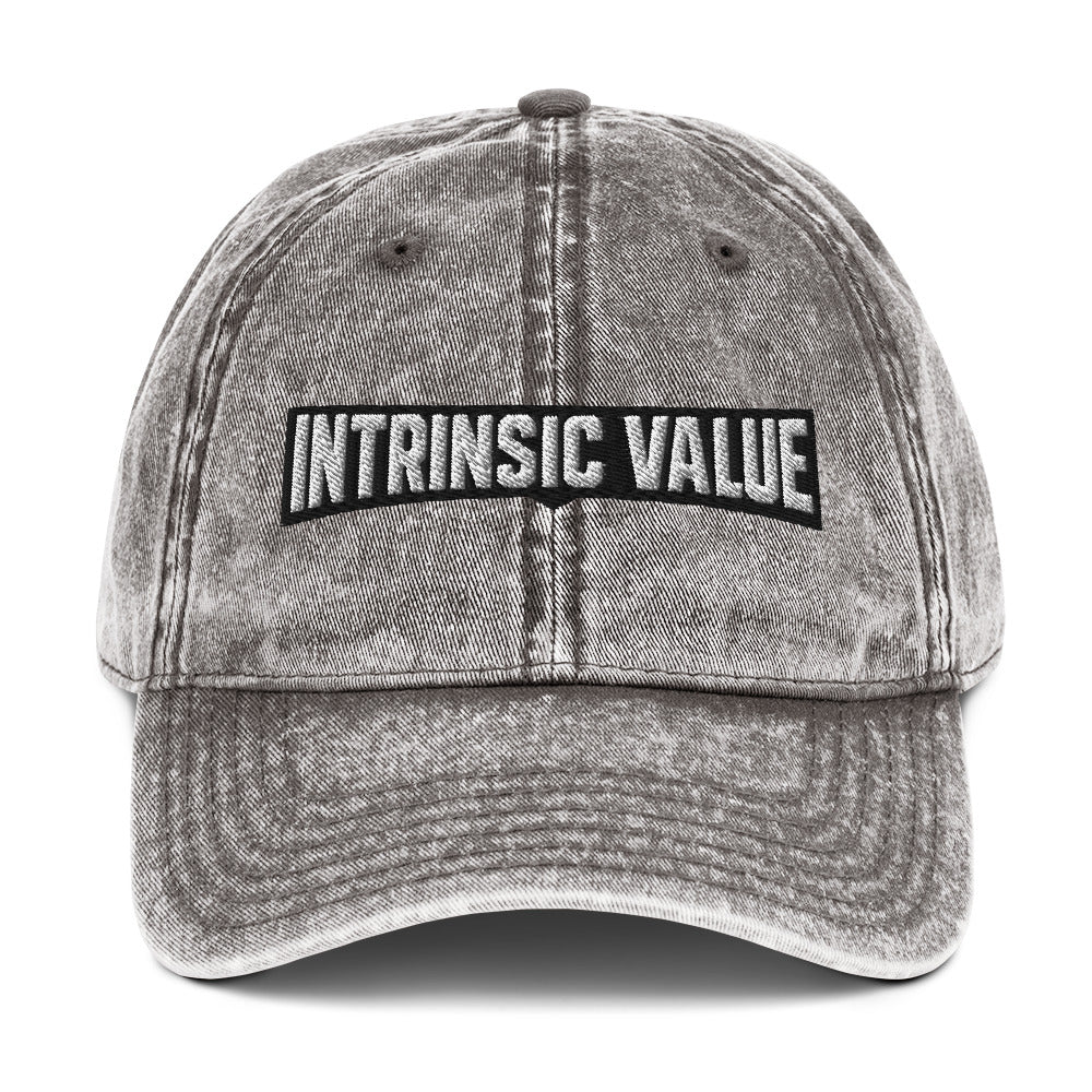 Vintage cotton twill cap with an arched varsity-style Intrinsic Value wordmark