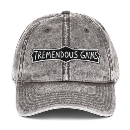 Vintage cotton twill cap with a hand-lettered Tremendous Gains sign design