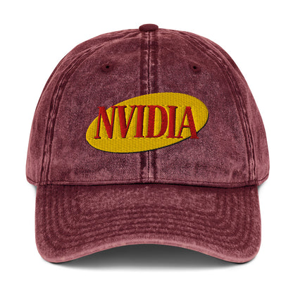 Embroidered "Nvidia" in Seinfeld-style lettering on a vintage washed cotton twill cap
