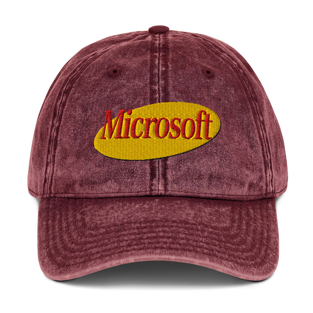 Embroidered "Microsoft" in Seinfeld-style lettering on a vintage washed cotton twill cap
