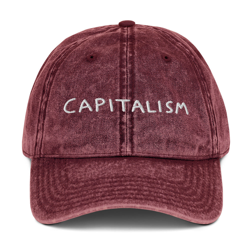 "Capitalism" embroidered on a vintage washed cotton twill cap