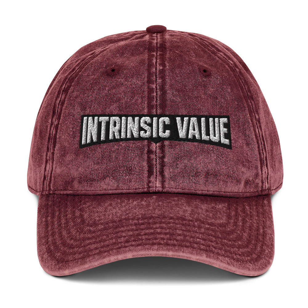 Vintage cotton twill cap with an arched varsity-style Intrinsic Value wordmark