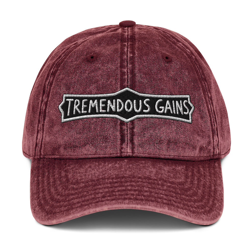 Vintage cotton twill cap with a hand-lettered Tremendous Gains sign design