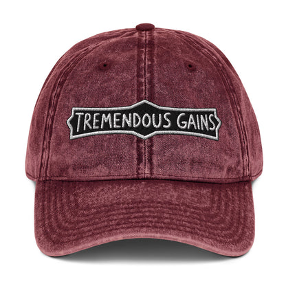 Vintage cotton twill cap with a hand-lettered Tremendous Gains sign design