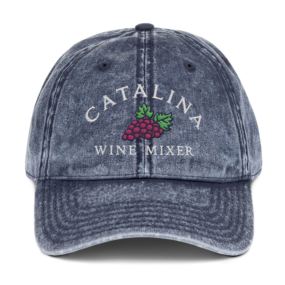 "Catalina Wine Mixer" embroidered-style grape crest on a vintage cotton twill cap