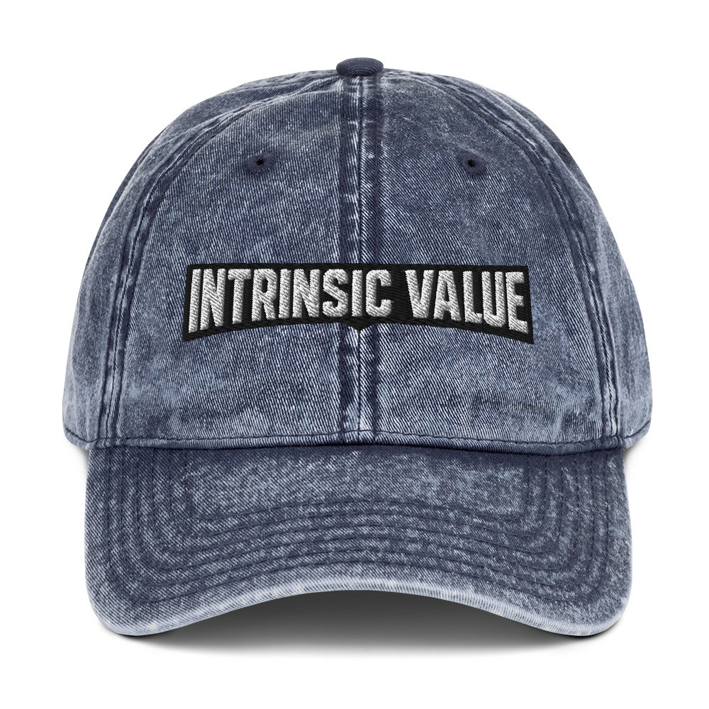 Vintage cotton twill cap with an arched varsity-style Intrinsic Value wordmark