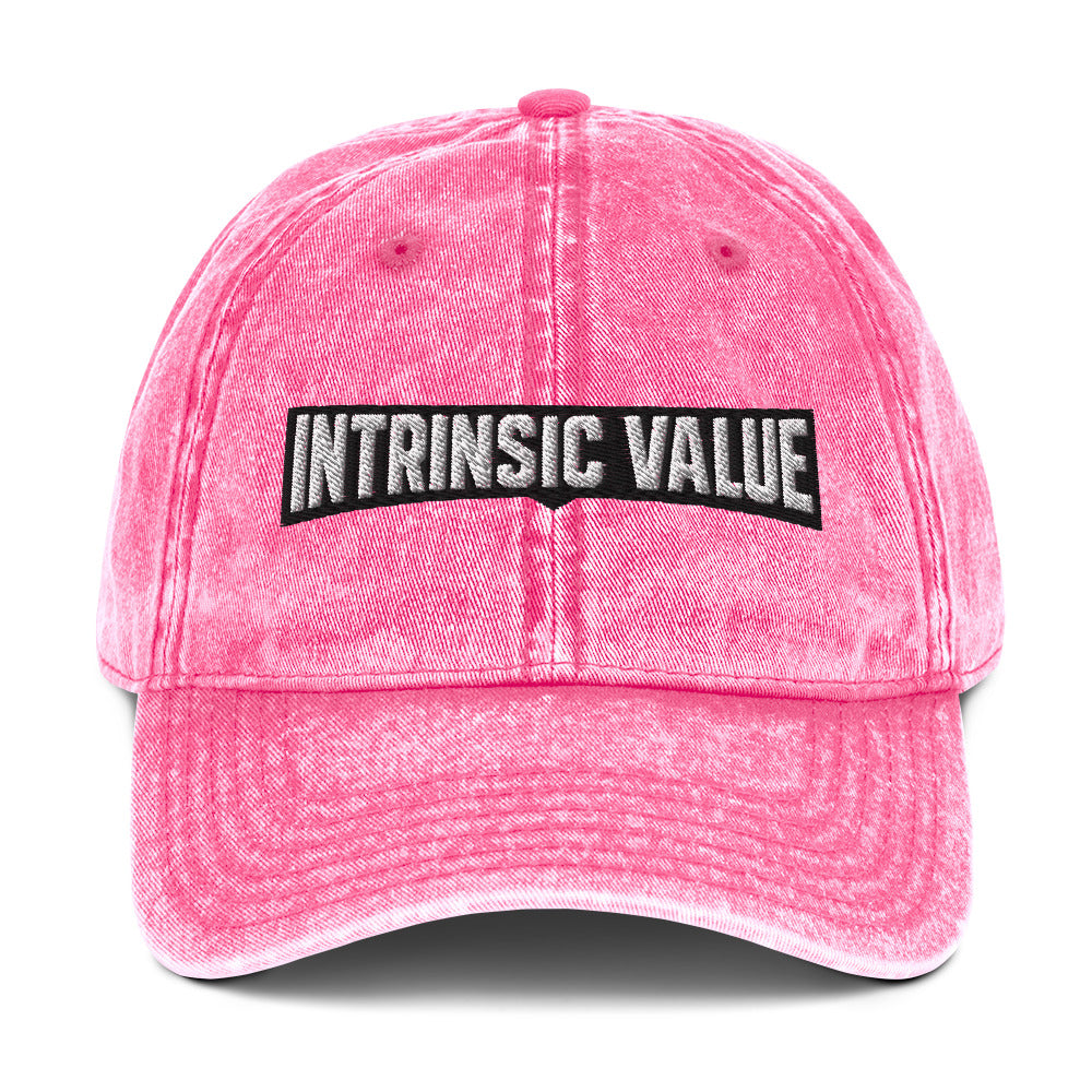 Vintage cotton twill cap with an arched varsity-style Intrinsic Value wordmark