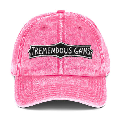 Vintage cotton twill cap with a hand-lettered Tremendous Gains sign design