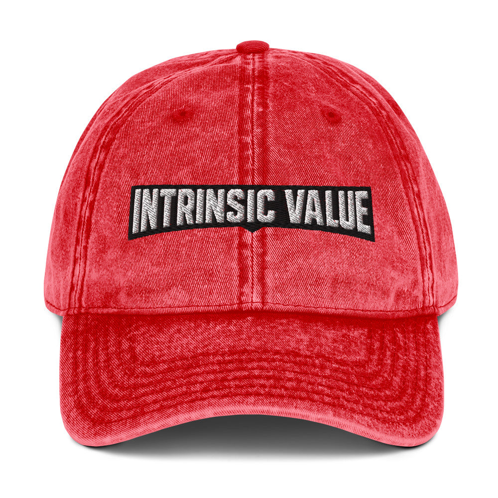 Vintage cotton twill cap with an arched varsity-style Intrinsic Value wordmark