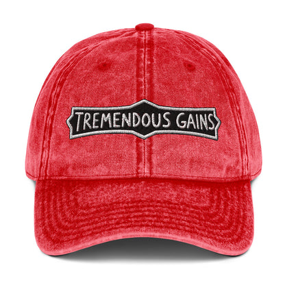 Vintage cotton twill cap with a hand-lettered Tremendous Gains sign design