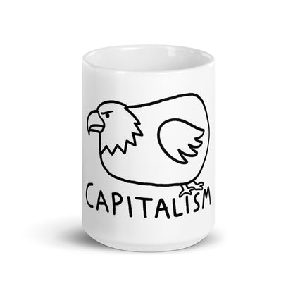 Chubby cartoon bald eagle illustration with "Capitalism" text on a ceramic mug