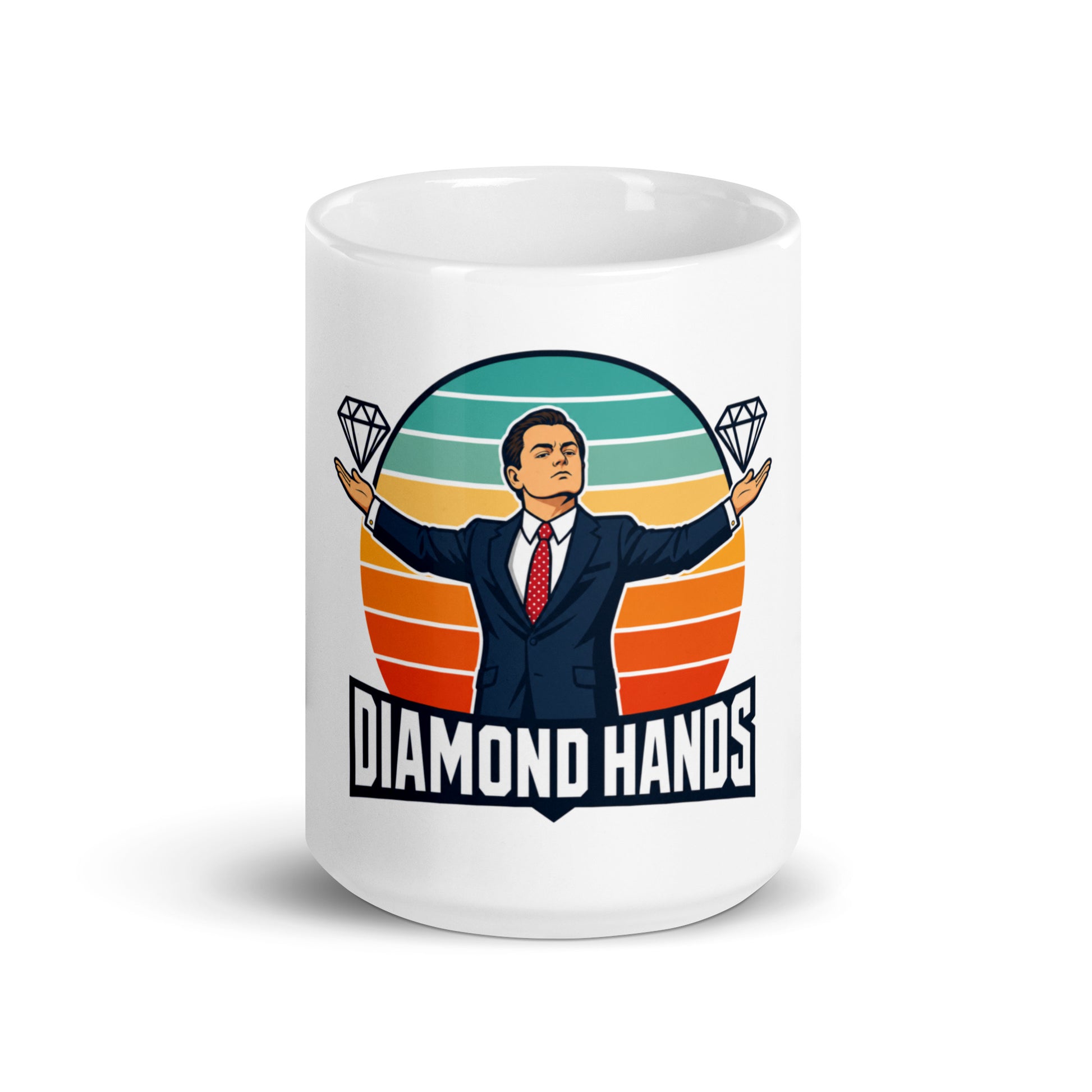 Diamond Hands ceramic mug with an illustrated broker in a suit, arms outstretched with a diamond above each open palm
