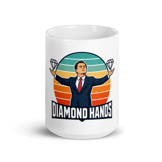 Diamond Hands ceramic mug with an illustrated broker in a suit, arms outstretched with a diamond above each open palm
