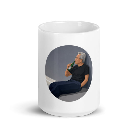 Ceramic mug with a parody illustration of a relaxed tech chief executive in a leather jacket, referencing the AI chip boom