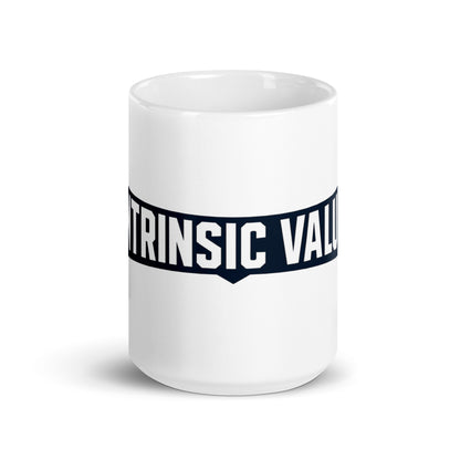 Ceramic mug with an arched varsity-style Intrinsic Value wordmark for value investors