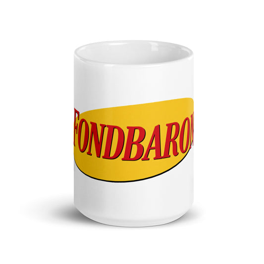 Keramikmugg med tryckt text Fondbaron, en mugg för fondsparare och månadssparare.