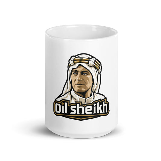 Ceramic mug with an Oil Sheikh print, an oil and commodities themed design for energy traders.