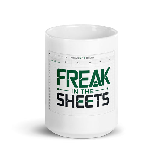 Freak in the Sheets Excel-formula typography design on a coffee mug