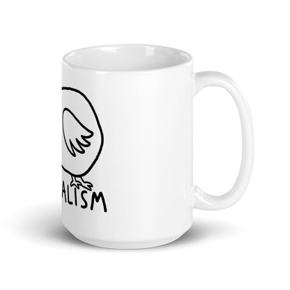 Chubby cartoon bald eagle illustration with "Capitalism" text on a ceramic mug