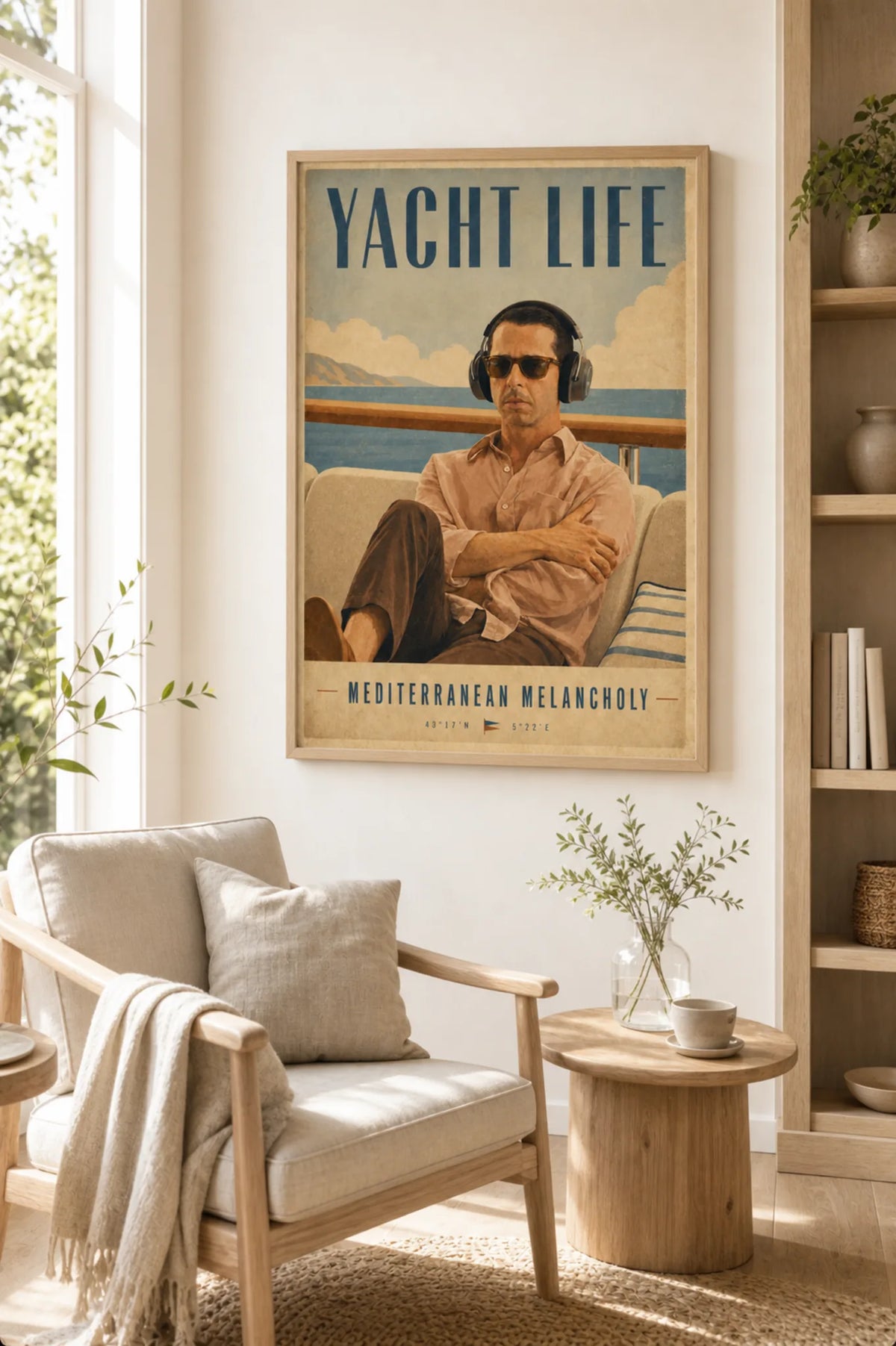 Yacht Life vintage travel poster of a man in headphones and sunglasses lounging on a yacht deck by the sea, shown framed on a living room wall