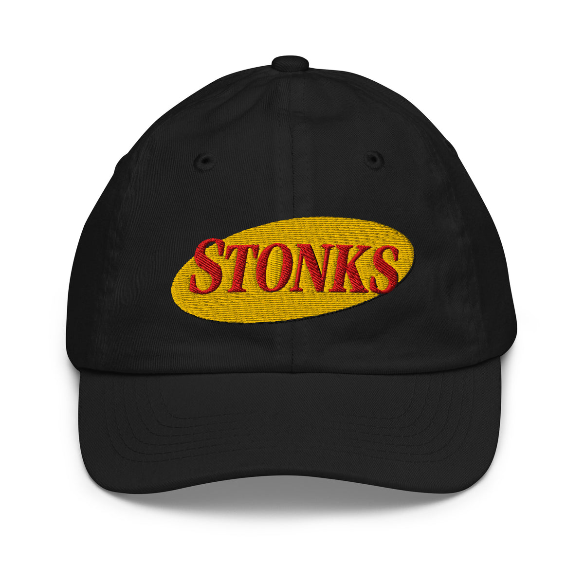 Youth baseball cap with the word Stonks embroidered in bold lettering
