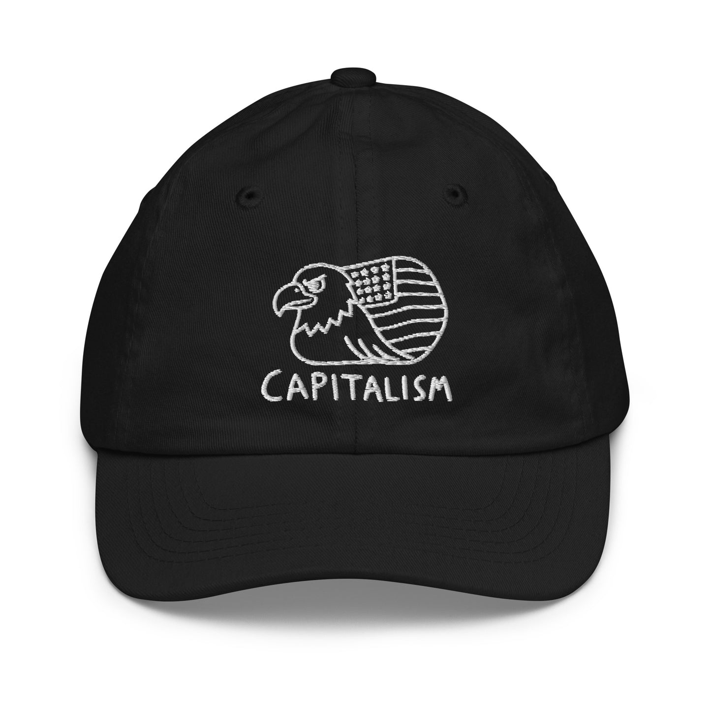 Youth baseball cap with a hand-drawn line art eagle with a flag wing above the word Capitalism
