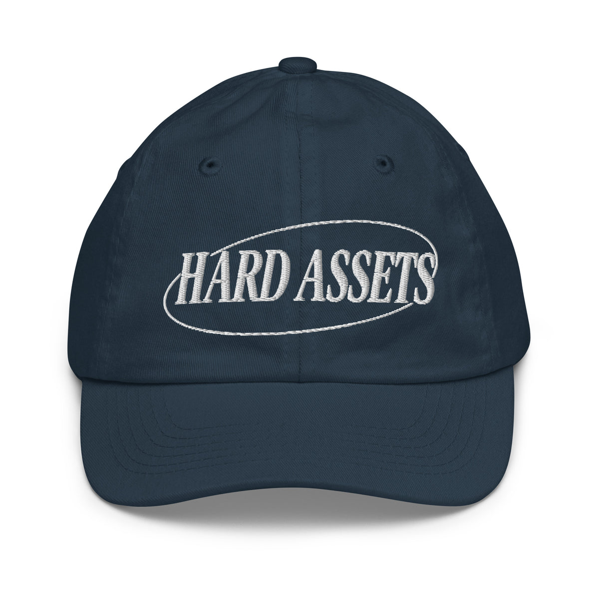 Youth baseball cap with the words Hard Assets in a serif typeface inside an oval badge outline