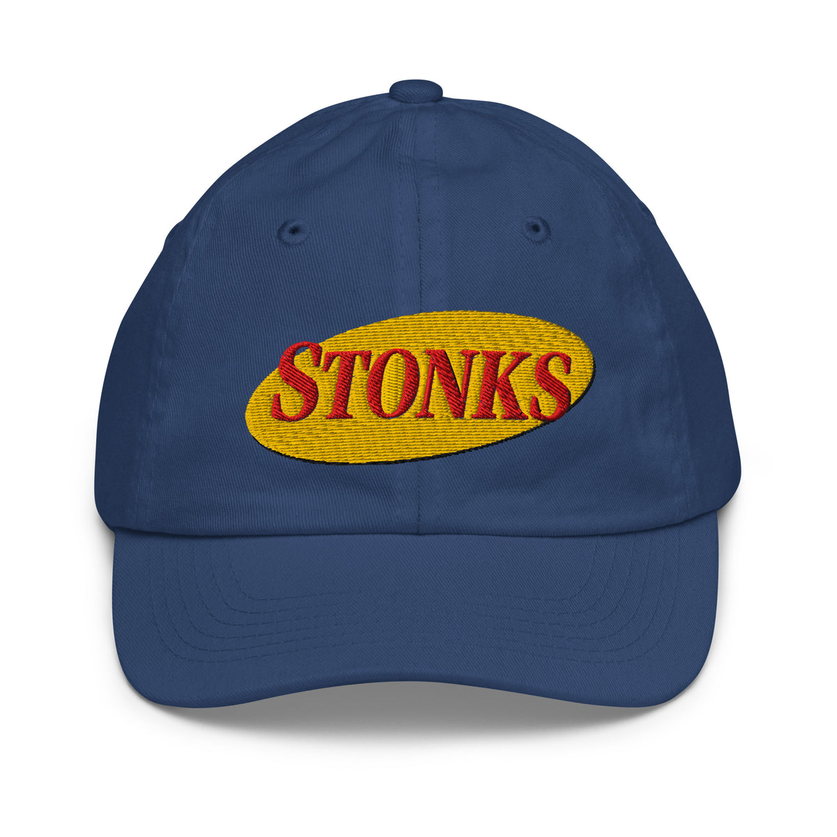 Youth baseball cap with the word Stonks embroidered in bold lettering