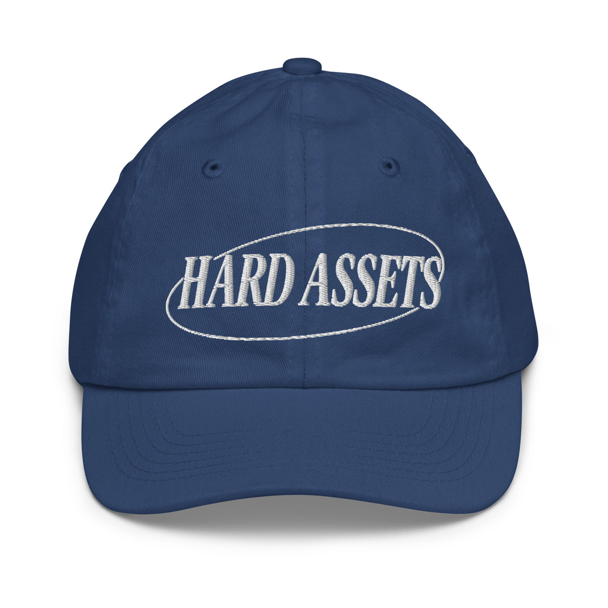 Youth baseball cap with the words Hard Assets in a serif typeface inside an oval badge outline